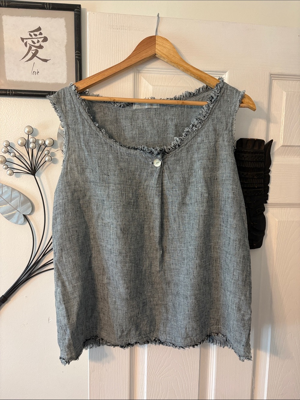 cut loose Frayed Scoop Neck Linen Blend Tank in Heather Gray